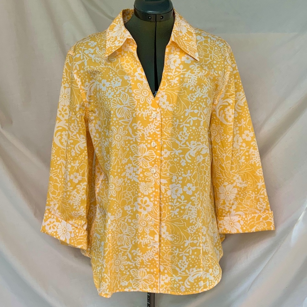 Coldwater Creek button down shirt gold white floral pattern size XL